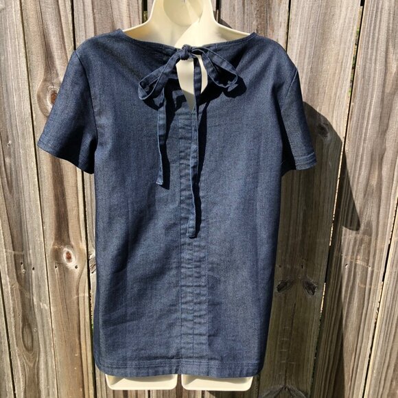Cuyana Medium Denim Chambray Top Blouse Tie Back Blouse Short Sleeve Blue Tee - Picture 9 of 12